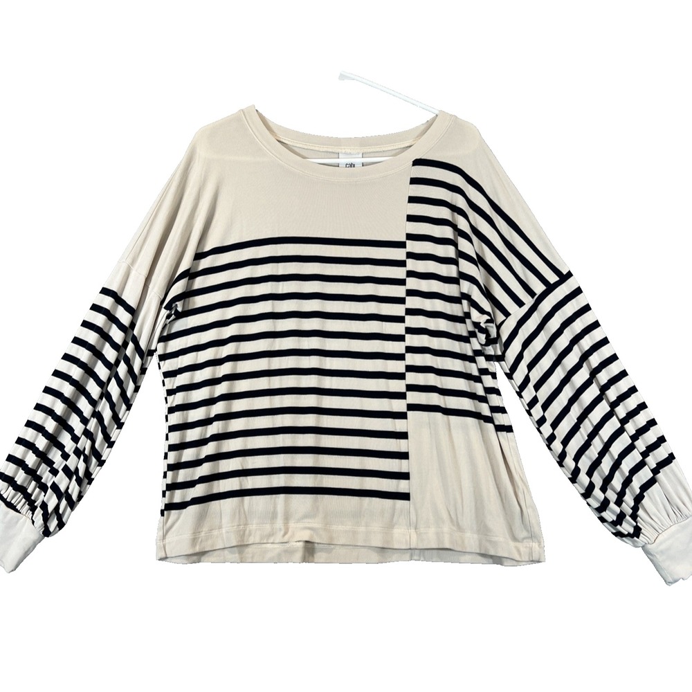 Cabi Box Stripe‎ Tee Navy/Cream Rayon Size Small LIMTED EDITION Long Sleeve